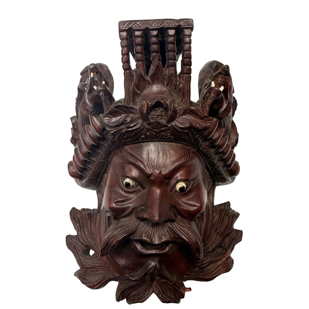Vintage Hand Carved Wood Mask Oriental Warrior Deity Wall Decor 7.5"